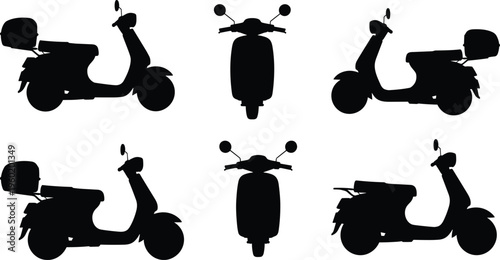 Scooter silhouettes collection, motorbike delivery vehicle icons, urban transport concept, classic moped shapes, black vector illustration, transportation design elements