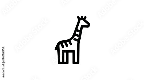 A stylized black and white illustration of a giraffe. It features a long neck and spotted pattern