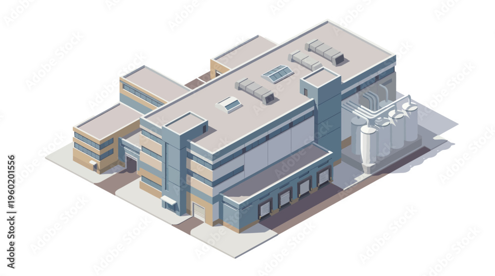 Fototapeta premium Isometric vector illustration of a modern industrial building, a factory with production facilities, loading docks, and storage silos, for manufacturing and logistics