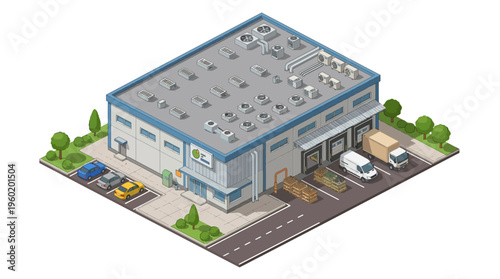 Isometric view of a modern industrial warehouse building with delivery trucks and cars, showcasing logistics and distribution
