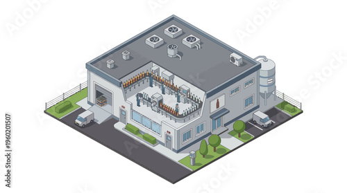 Isometric illustration of a modern factory building. Features internal production lines, external logistics, and a storage silo, depicting efficient manufacturing processes