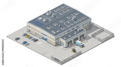 Modern isometric illustration of an industrial warehouse, logistics hub, or factory building, designed for efficient supply chain operations and business distribution needs