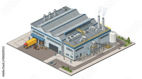 Isometric industrial building with loading dock and delivery trucks, representing manufacturing and logistics