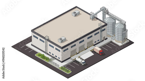 Industrial building with silos and truck, architectural isometric illustration