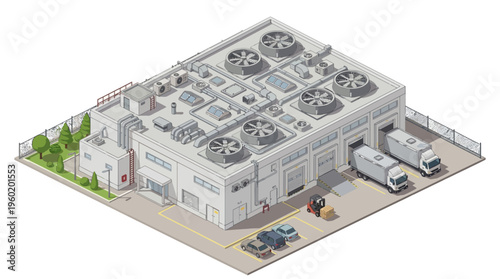 Isometric illustration of a modern industrial factory or logistics center, showing loading docks, delivery trucks, and rooftop HVAC units