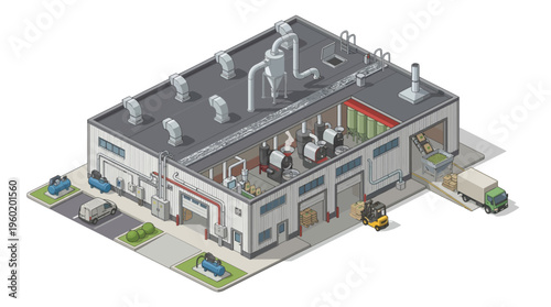 Isometric view of a modern industrial factory building with loading docks, delivery trucks, and forklifts, showcasing manufacturing processes and logistics