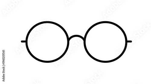 Black line drawing of round spectacles. Two circles with a bridge. White background