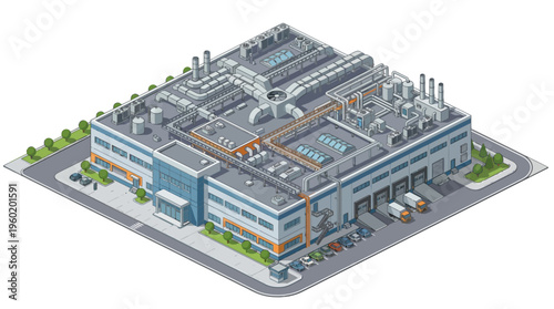 Isometric vector illustration of a large modern industrial factory building, representing manufacturing processes, logistics, and warehouse operations
