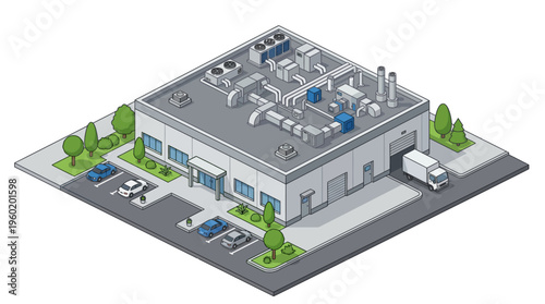 Isometric modern commercial building with detailed rooftop HVAC, loading dock, and parking. Ideal for business, logistics, and manufacturing facility concepts