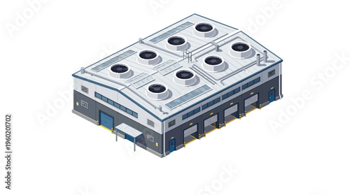 Isometric vector illustration of a modern industrial factory or warehouse. Features loading docks and rooftop ventilation, ideal for business, production, and logistics concepts