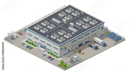 Isometric illustration of a modern industrial building. Factory, warehouse, loading docks, trucks, and rooftop HVAC, for logistics and manufacturing