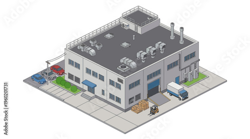 Isometric illustration of a modern industrial warehouse building with loading dock and vehicles