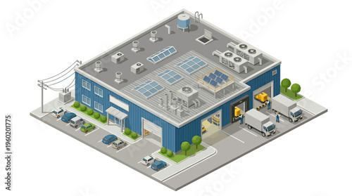 Isometric depiction of a modern industrial warehouse building with solar panels and loading docks, showcasing logistics and distribution