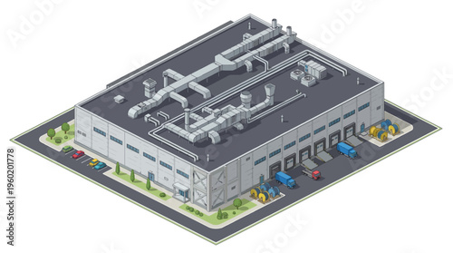 Modern industrial warehouse building with loading docks and delivery trucks, isometric view, illustration of logistics and distribution center