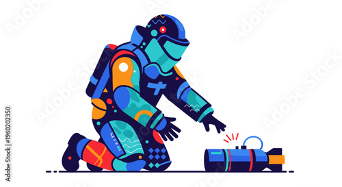 Firefighter in protective gear kneeling.