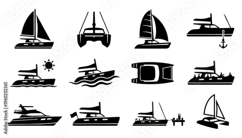 Catamaran Silhouette Icons Set – Sailing Yacht, Luxury Boat, Marine Travel and Charter Collection