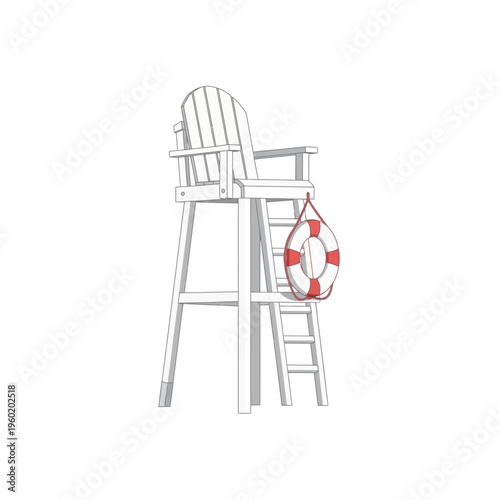 A high vantage point a wooden lifeguard chair with a life preserver hanging from its side, symbolizing safety and vigilance by the water