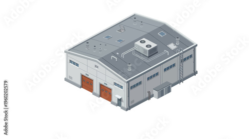 Isometric illustration of a modern industrial warehouse building. Features loading doors, rooftop ventilation, suitable for logistics, storage, and manufacturing