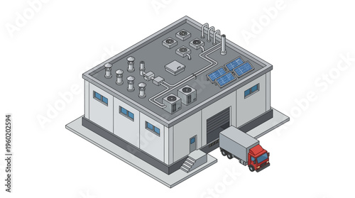 Industrial warehouse with loading dock and delivery truck under a bright sky, a modern logistics hub for goods transportation and distribution