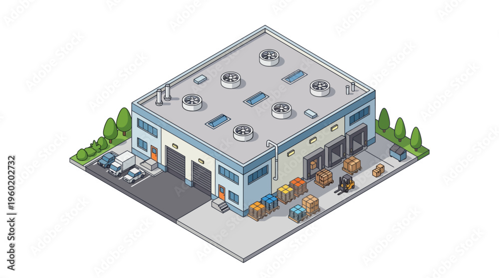 Obraz premium Isometric warehouse building with loading docks, forklifts, and delivery trucks in an industrial setting, showcasing logistics and distribution operations