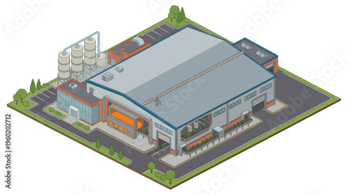Isometric view of a modern industrial factory building with silos and surrounding infrastructure