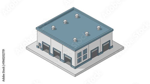 Detailed Isometric Pixel Art Workshop Building Illustration with Multiple Bay Doors, Representing Industrial or Commercial Infrastructure