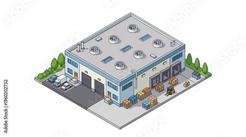 Isometric warehouse building with loading docks, forklifts, and delivery trucks in an industrial setting, showcasing logistics and distribution operations