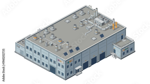 Pixel art isometric industrial building with loading docks and exhaust pipes on the roof, perfect for graphic design and game development