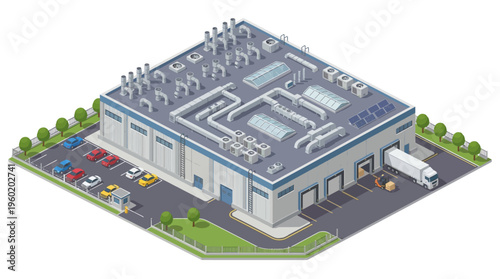 Modern isometric industrial building featuring a large factory and warehouse with active logistics operations, delivery truck, and parking lot, ideal for business and technology themes