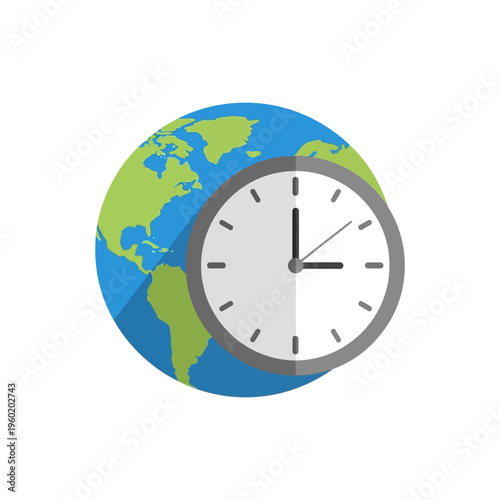 A clock face superimposed on a stylized representation of planet Earth, symbolizing the passage of time globally
