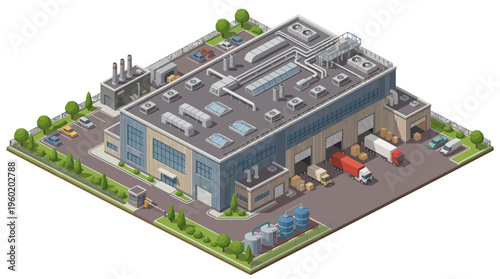 Isometric 3D Illustration of a Large Industrial Warehouse Facility with Loading Docks and Delivery Trucks