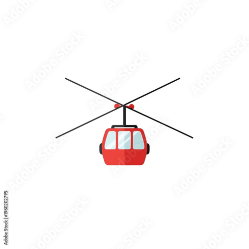 Modern vector illustration of a vibrant red cable car cabin suspended on a wire, representing alpine travel, mountain transport, and winter sports access in a flat, minimalist design