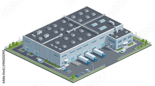 Isometric illustration of a modern logistics warehouse with loading docks and trucks, symbolizing efficient supply chain operations and distribution networks