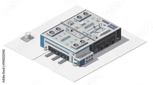 Isometric view of a modern industrial warehouse building with loading docks and solar panels