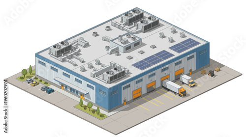 Isometric warehouse building with solar panels, loading docks, and delivery trucks, showcasing logistics and industry
