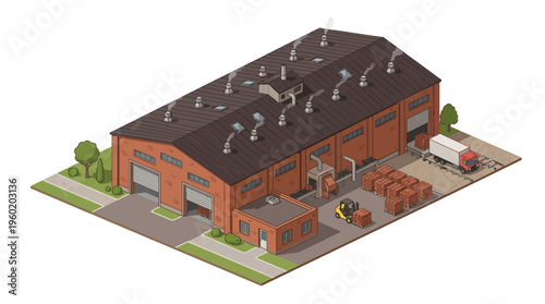Isometric illustration of a modern industrial factory or warehouse facility showcasing efficient logistics operations with a busy truck and forklift engaged in goods movement