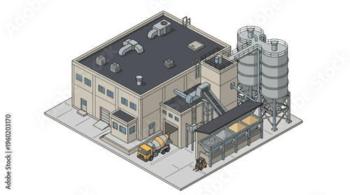 Industrial facility with silos and cement truck, symbolizing construction and manufacturing processes in a manufacturing plant