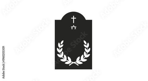 Black tombstone with white cross symbol.