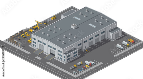 Isometric view of a large industrial warehouse with loading docks, trucks, and construction vehicles parked outside