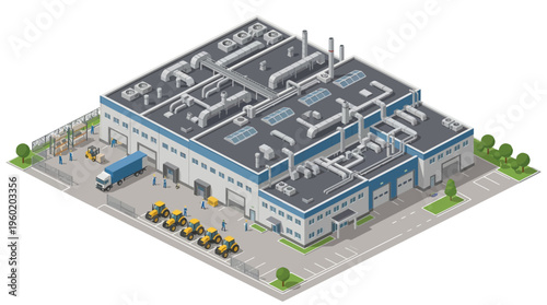Isometric view of a modern industrial manufacturing facility with trucks and forklifts