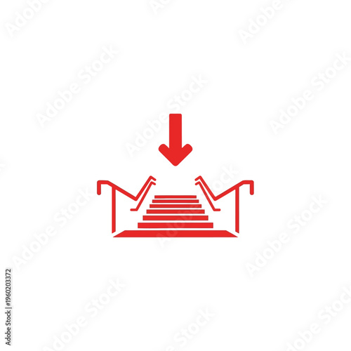 Graphic icon in red depicting a downward arrow over a staircase with handrails, symbolizing descent, exit, or a path leading down to a lower level