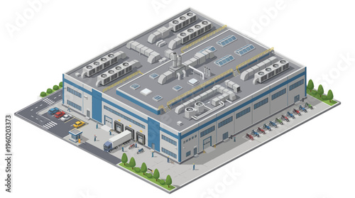 Isometric view of a large warehouse with loading docks and delivery trucks