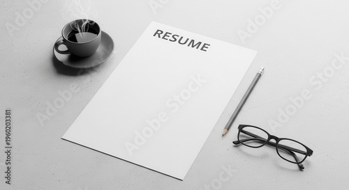 Resume preparation with coffee, glasses, and pencil on a desk.