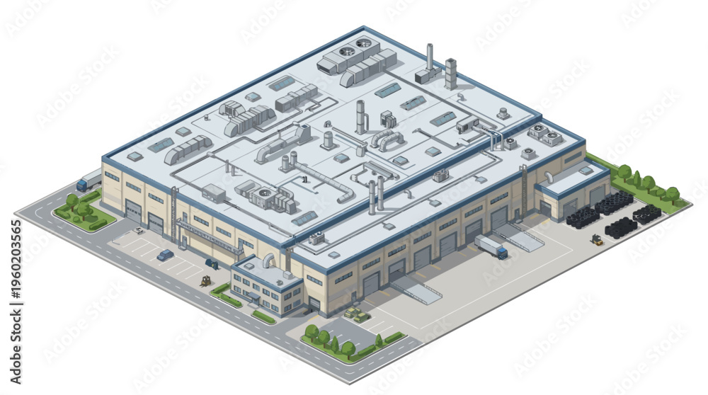 Obraz premium Isometric industrial warehouse building with loading docks and delivery trucks, representing logistics and supply chain operations