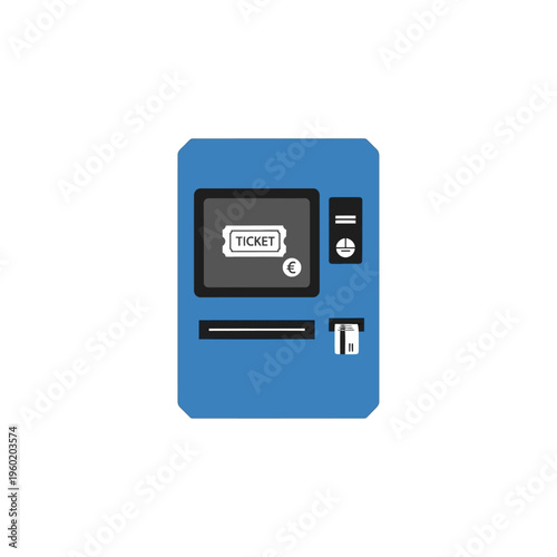Blue ticket vending machine with a ticket display and card slot on white background, simple graphic illustration