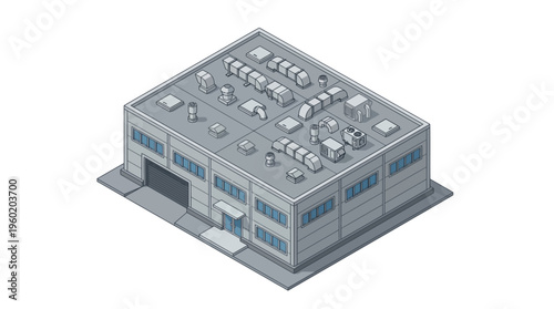 Isometric view of a modern industrial warehouse building with a loading dock and rooftop ventilation systems