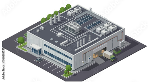 Industrial building with loading dock, trucks, and parking lot, a contemporary commercial facility