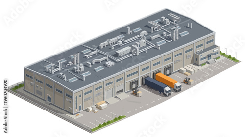 Isometric view of a large industrial warehouse with loading docks and trucks, symbolizing logistics and supply chain operations