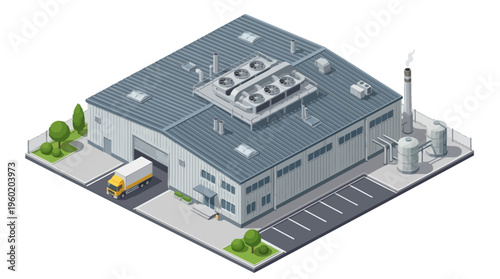 Isometric illustration of a modern industrial warehouse with a delivery truck and ventilation system