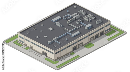 Isometric view of a modern industrial warehouse building with ventilation systems and a parking lot, rendered in a clean, digital art style